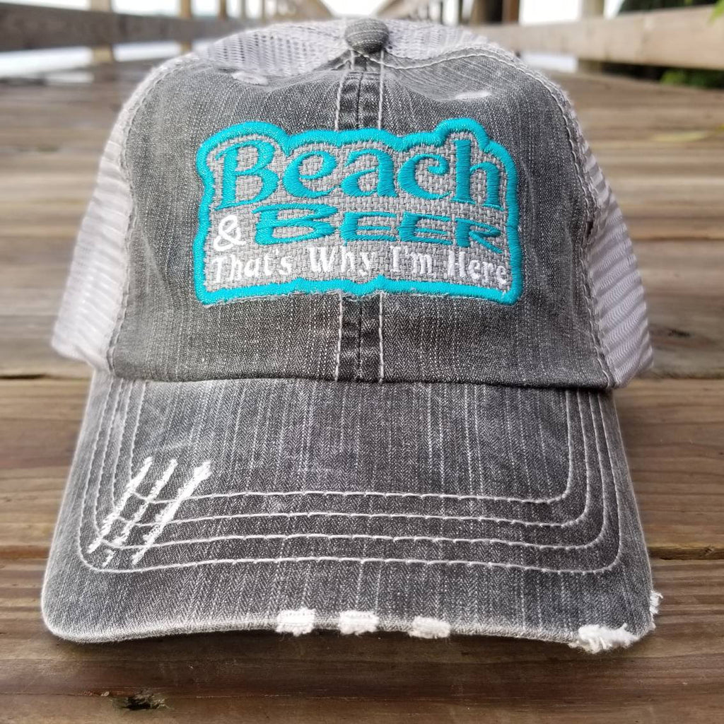 Beach and Beer that's why I'm here, low profile black distressed cap, patchwork