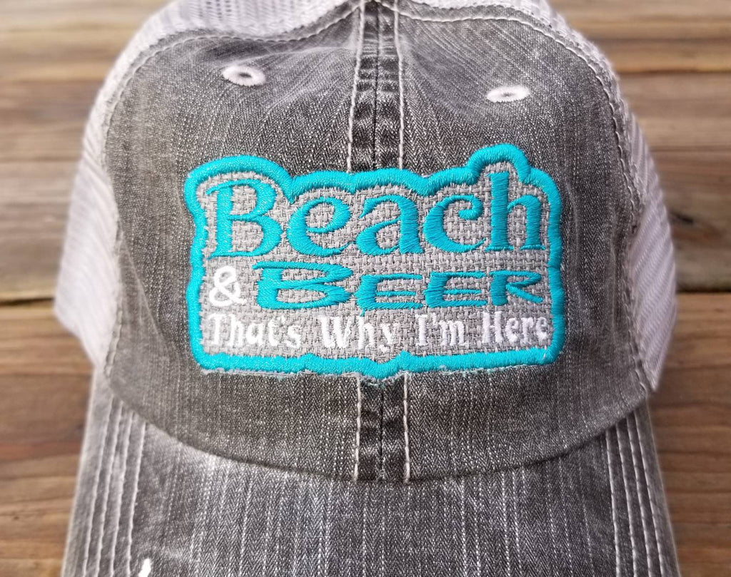 Beach and Beer that's why I'm here, low profile black distressed cap, patchwork