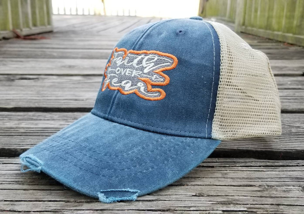 Faith over Fear, outline patch design on navy distressed trucker hat