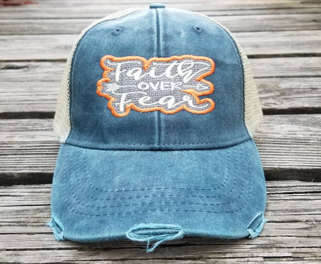 Faith over Fear, outline patch design on navy distressed trucker hat