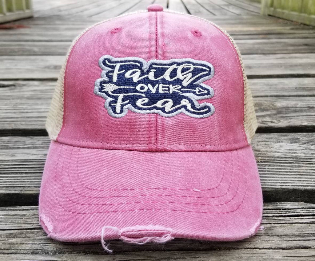 Faith over Fear, hot pink distressed trucker hat