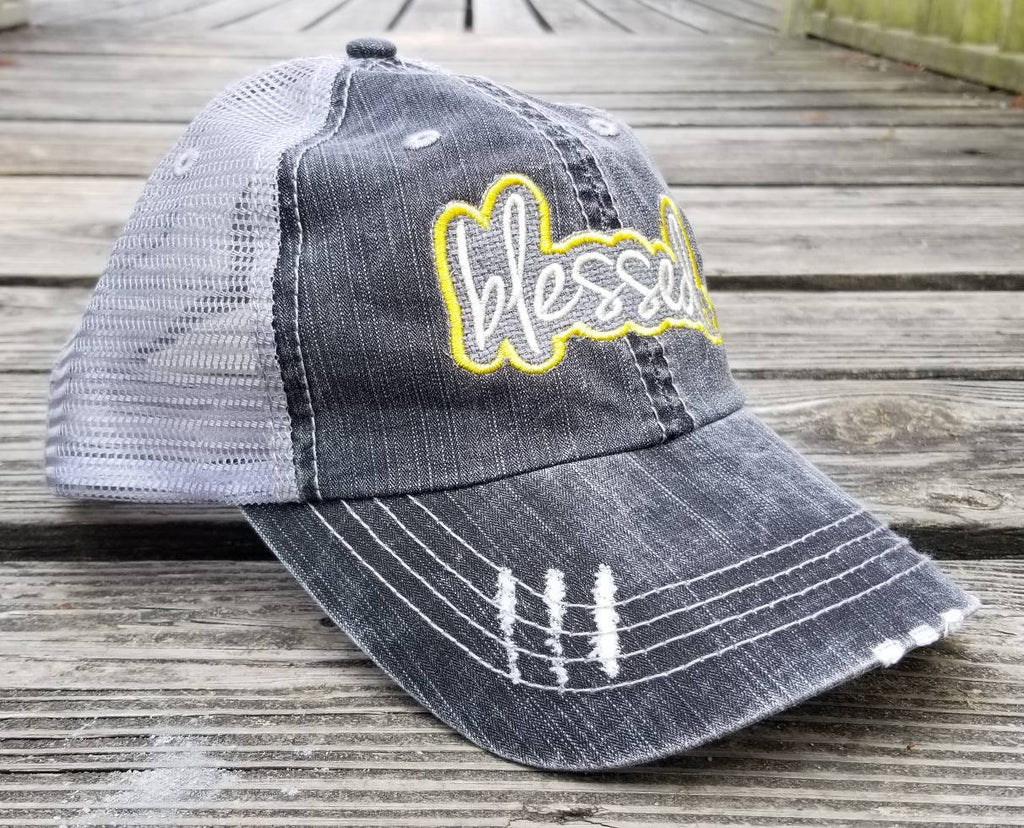 Blessed, distressed low profile cap outlined patchwork
