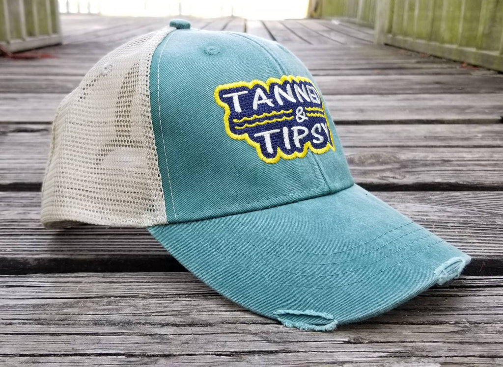 Tanned and tipsy, forest green distressed trucker cap, outline patchwork