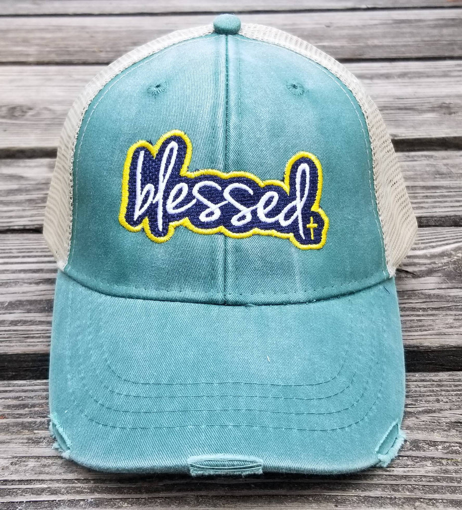 Blessed, forrest green distressed trucker cap, outline patchwork