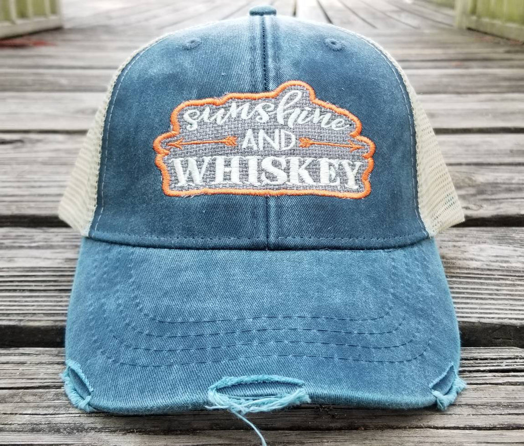 Sunshine and Whiskey, navy distressed trucker cap, outline patchwork