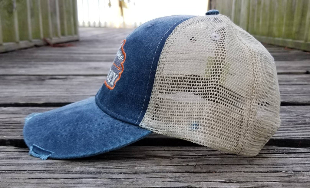Sunshine and Whiskey, navy distressed trucker cap, outline patchwork