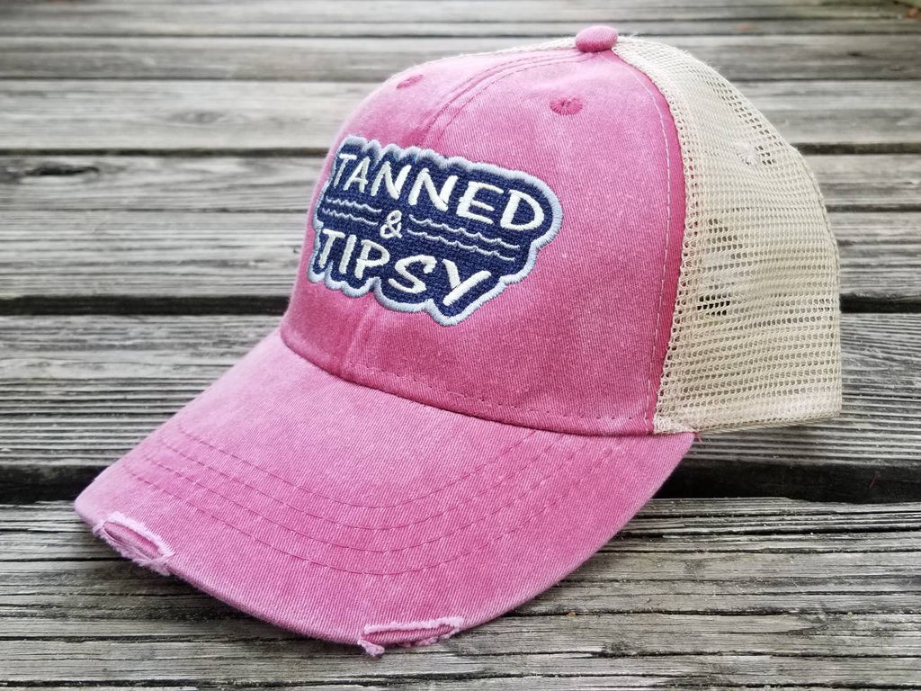 Sunshine and Whiskey, hot pink distressed trucker cap, outline patchwork