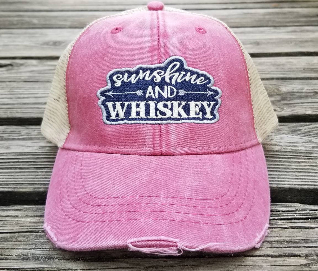 Sunshine and Whiskey, hot pink distressed trucker cap, outline patchwork