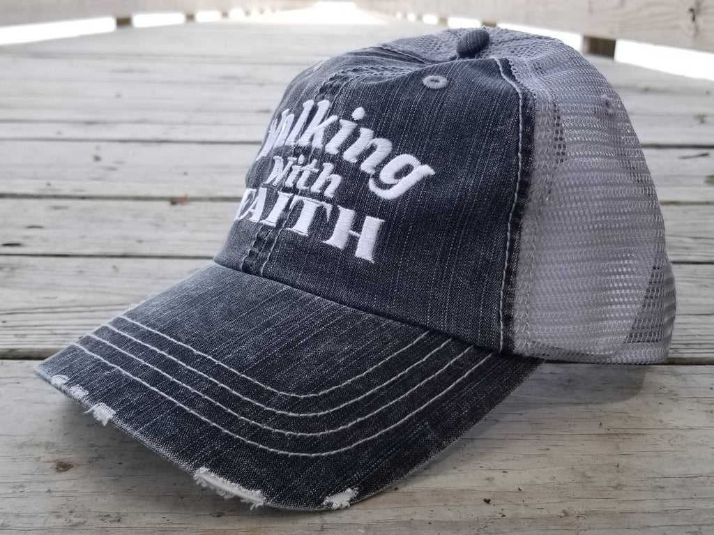 Walking with Faith, low profile distressed black cap with silver gray mesh