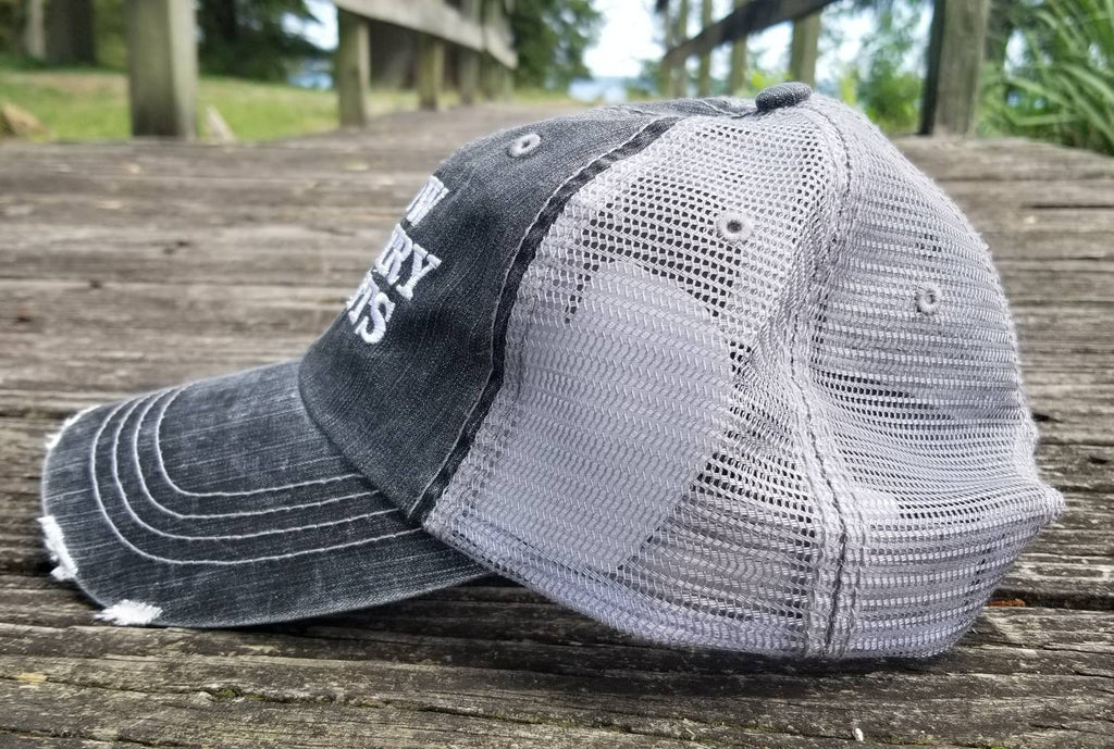 Slow Country Nights, low profile black distressed cap silver gray mesh
