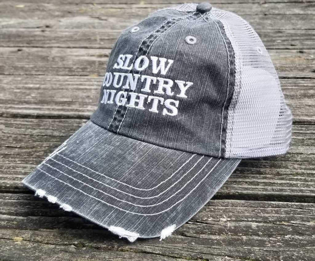 Slow Country Nights, low profile black distressed cap silver gray mesh