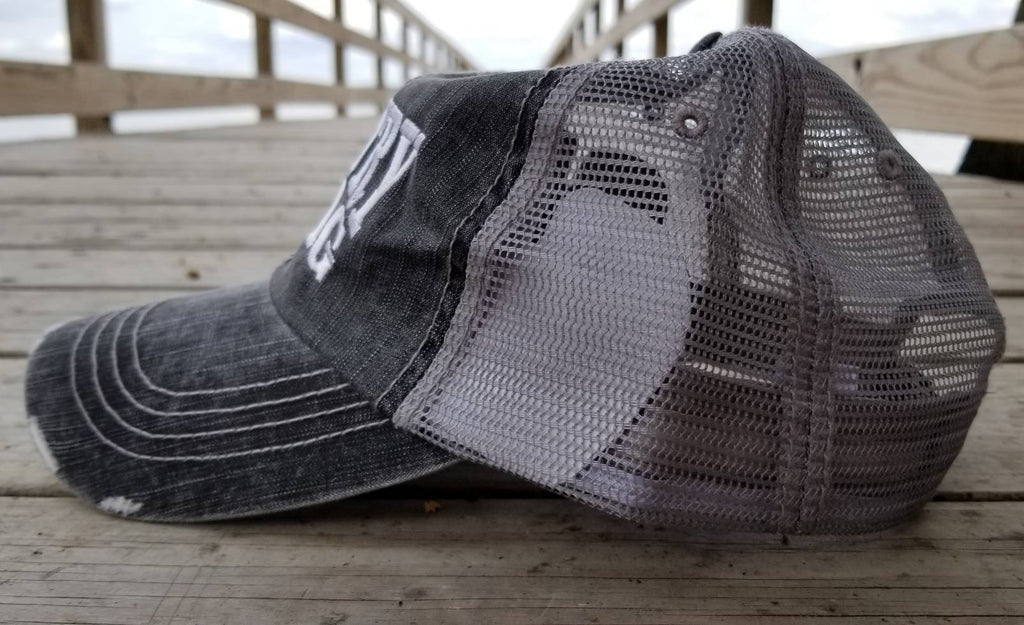 Country Swag, low profile distressed black cap with silver gray mesh