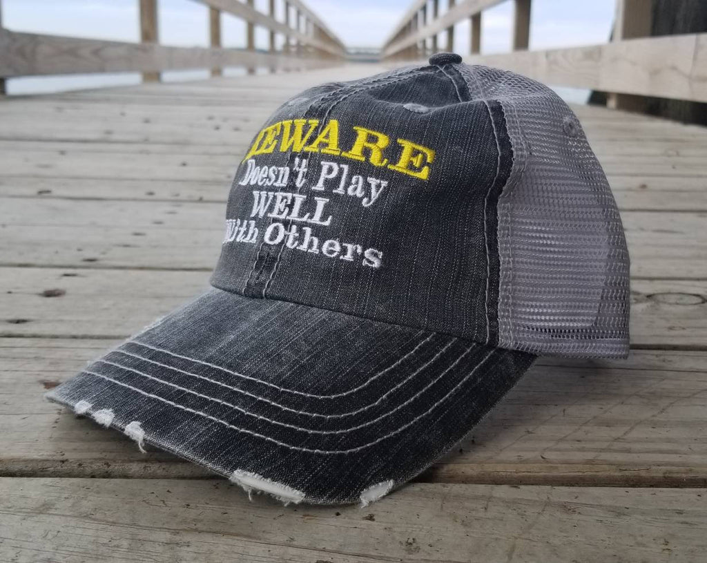Beware Doesn't Play Well With Others, low profile distressed black cap with silver gray mesh