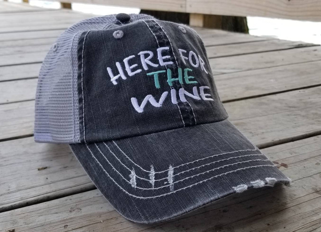 Here for the Wine, low profile distressed black cap with silver gray mesh.