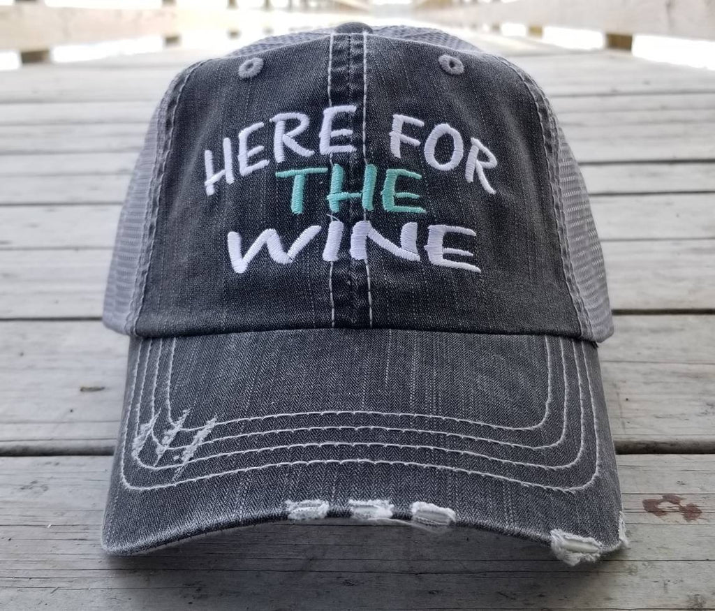 Here for the Wine, low profile distressed black cap with silver gray mesh.