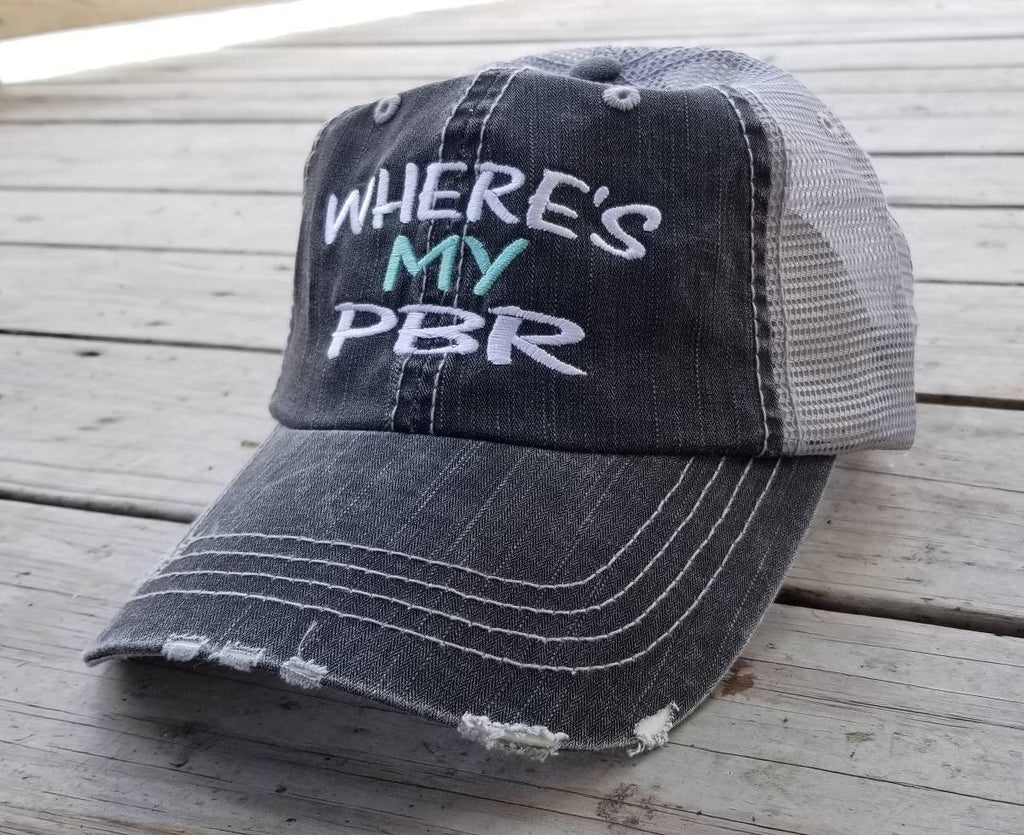 Where's My PBR, low profile black distressed cap with silver gray mesh