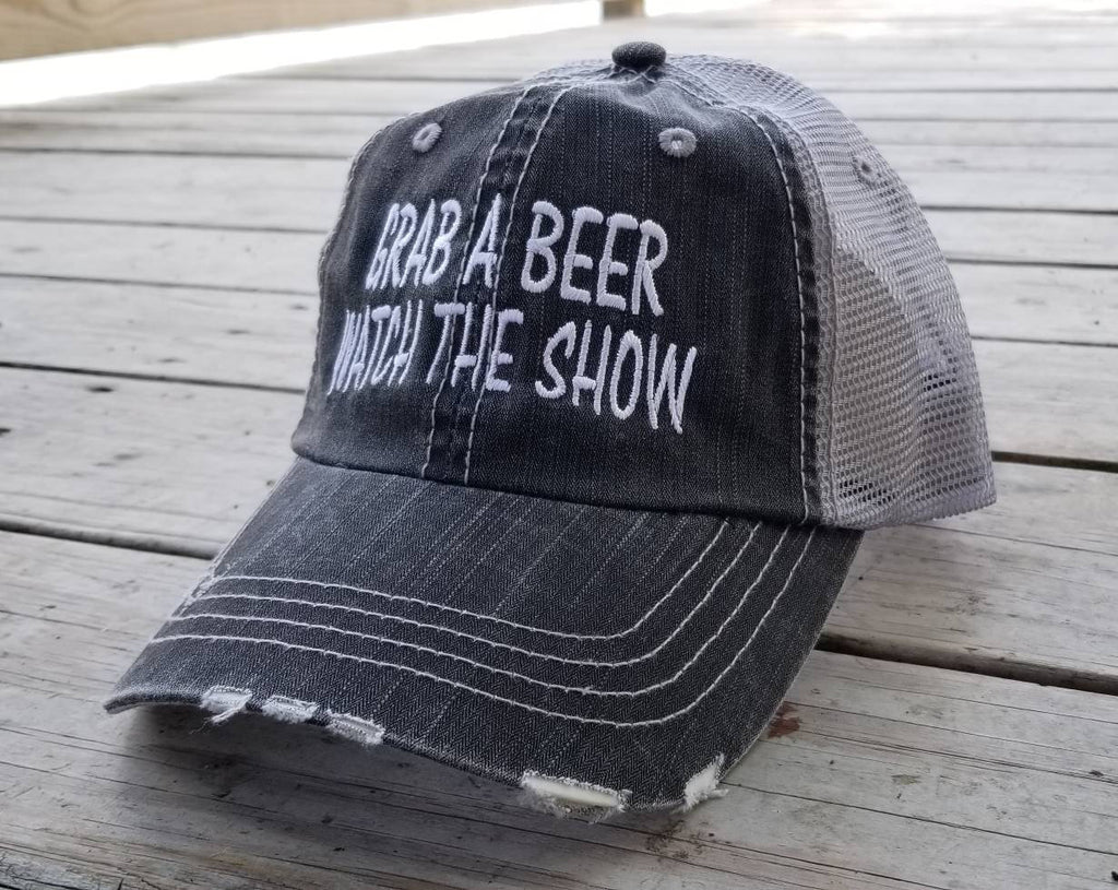 Grab A beer Watch The Show, low profile distressed black cap with silver gray mesh