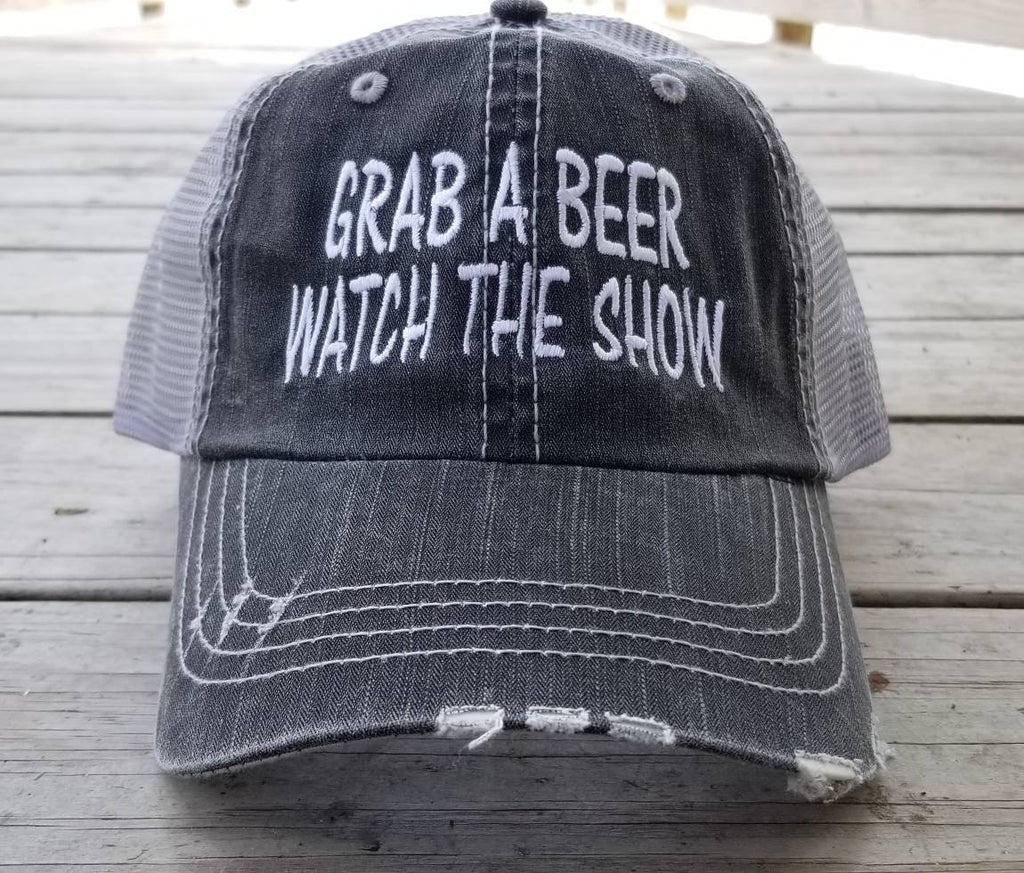 Grab A beer Watch The Show, low profile distressed black cap with silver gray mesh