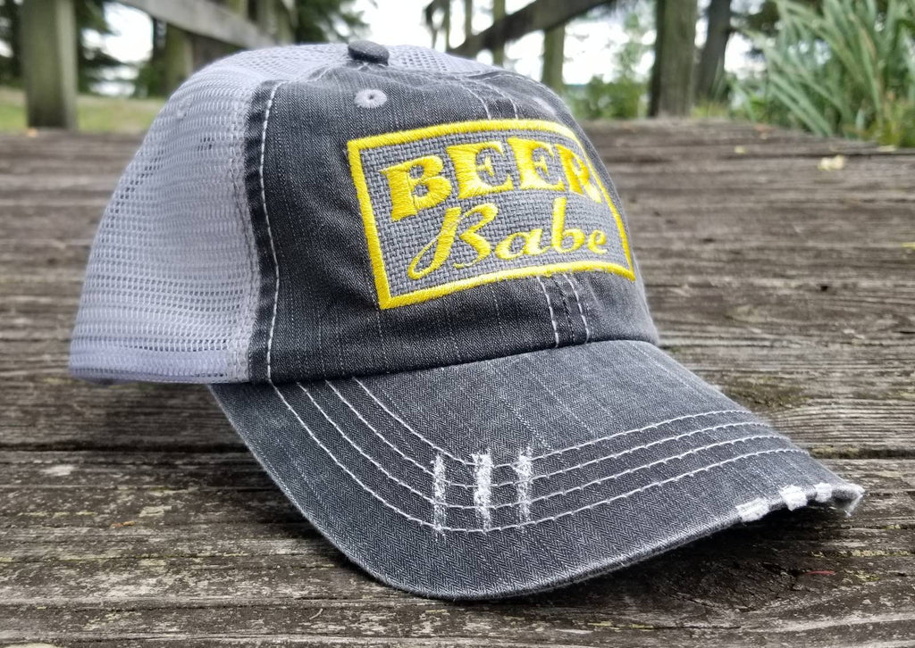 Beer Babe, patch style, black distressed cap silver gray mesh