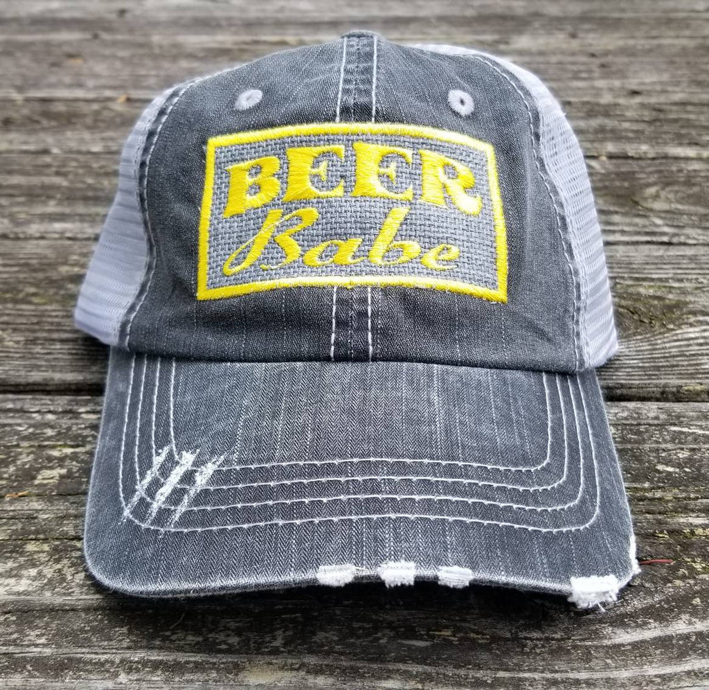 Beer Babe, patch style, black distressed cap silver gray mesh